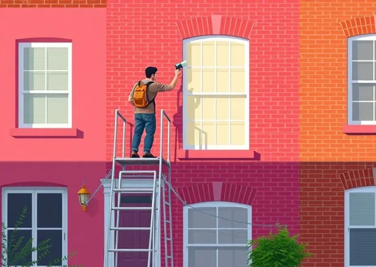 Peintre sur échafaudage traitant la façade d'une maison