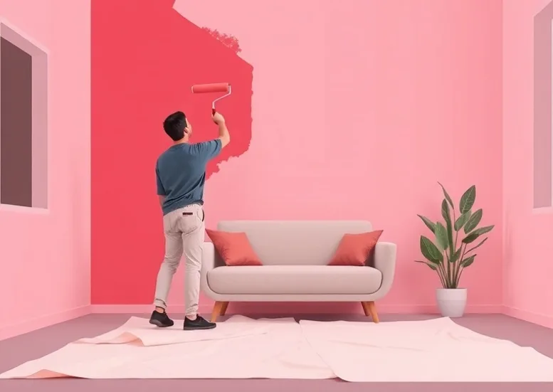 Peintre appliquant la peinture au rouleau sur un mur de salon
